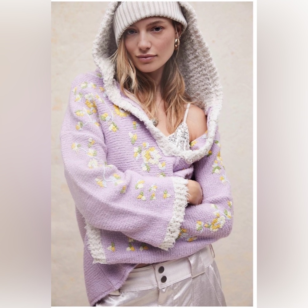 Free People Buttercup Floral Embroidered Knitted Pullover Hooded Sweater $328 XS